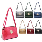 Women Golden Lion Detail Glossy Patent Triple Zip Shoulder Handbag Crossbody Bag