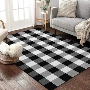 Stylish 24"x36" Black and White Buffalo Plaid Rug - Versatile Indoor/Outdoor Mat - Picture 1 of 11