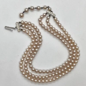Vintage Triple Strand Faux Pearl Choker Collar Pink Champagne Rhinestone Clasp - Picture 1 of 4