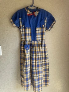 Vintage Girls Dress 50s Yellow Blue Plaid Collared Preppy Retro 7 8 - Picture 1 of 5