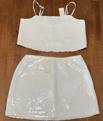 NEW Abercrombie & Fitch Sequin Mini Skirt & Top Set White Edgy Party SMALL $120 - Image 1 of 4