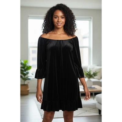 发烧黑色天鹅绒连衣裙露肩荷叶边喇叭袖派对鸡尾酒 Med 全新 — 第 1/4 张图片