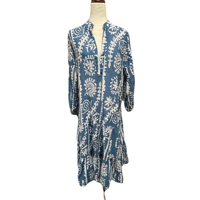 Vestido Zara Estampado Panel Azul Midi Manga 3/4 Midi L Boho Resortwear EuroVerano Foto 1 de 4