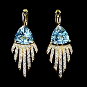 925 Sterling Silver Earrings Trilliant Blue Topaz 8mm Natural Gemstone Jewelry - Picture 1 of 13