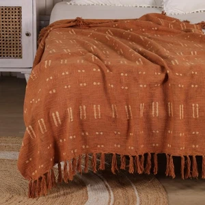 Hand Block Print Rust Cotton Lightweight Blanket Bohemian Throw for Sofa Bed - Picture 1 of 9