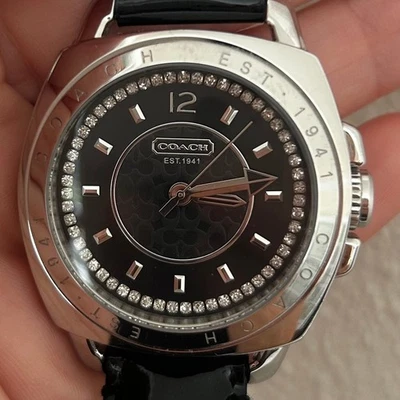  Women's Coach Boyfriend Crystal Dial Watch Large Black Patent Leather Strap - Image 1 of 4