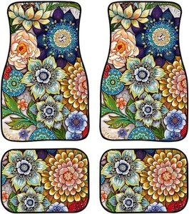 Decorative Boho Floral Print Car Floor Mats Front & Rear Liners  - Picture 1 of 8