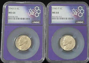  1943 P & D Jefferson 5 Cent War Nickel 35% Silver NGC MS64  - Picture 1 of 8