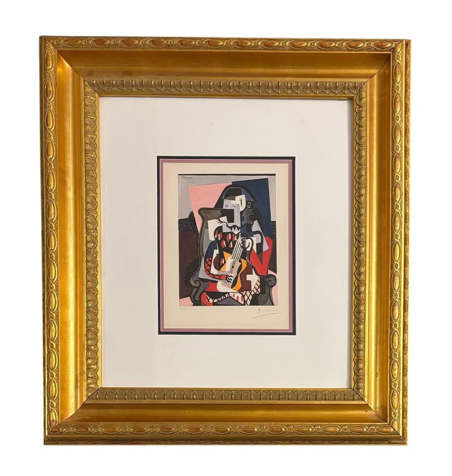 Pablo Picasso “Harlequin Musician” 铅笔 签名和编号 金色 带框 正品证书 — 第 1/4 张图片