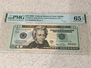 2006 $20 Federal Reserve Note “2 digit Serial # IK00000076B PMG 65EPQ - Picture 1 of 4