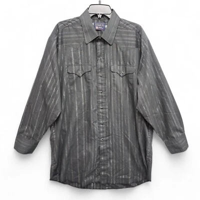 Винтажная мужская тонкая рубашка 70-х Panhandle 18 35 черная серебристая в полоску с жемчужной застежкой сделано в США - Изображение 1 из 4