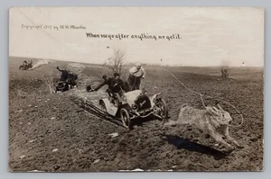 Rabbit Hunt Exaggeration Old Cars with Lasso, Martin RPPC Photo Postcard P6 - Picture 1 of 2
