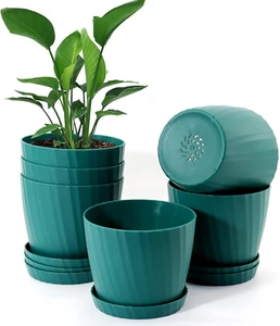 Planters with Drainage Holes and Saucers Plastic Flower Plant Pots6 Pack 7 Inch - Picture 1 of 12