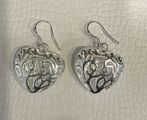NEW .925 STERLING SILVER PUFF HEART DANGLE EARRINGS 11.1 gr. FILIGREE DESIGN 1" - Picture 1 of 4