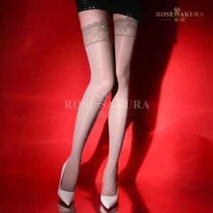 Rose Sakura Oil Shiny Glossy Stockings Lace Silicone Stay Up Thigh-Highs Hosiery - Picture 1 of 21