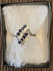 Vintage Blue Sapphire and Diamond Classic Ring Size 7 - Picture 1 of 4