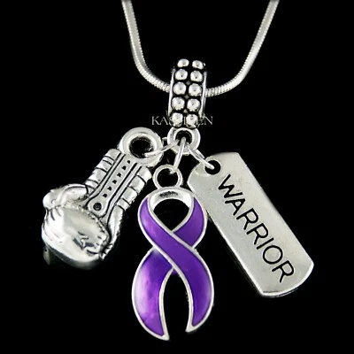 Purple Awareness Ribbon Fight Pancreatic Testicular Thyroid Alzheimer's Necklace - Image 1 of 4