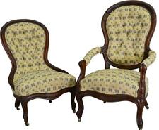 Antique Parlor Chairs, Victorian Pair Carved Upholstered Chairs #17567