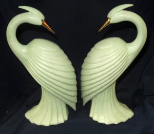 Vintage Art Deco Style Ceramic 2x Cranes Birds Figurines Green 1988 signed 27CmT - Picture 1 of 21