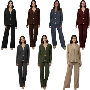 Conjunto de chándal tejido palomitas de maíz para mujer cuello en V botón dorado cárdigan y pantalones de pierna ancha - Imagen 1 de 15