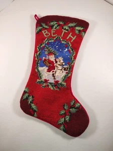 Vintage Needlepoint Wool Velvet Santa Holly Christmas Stocking Lined BETH 16 x 8 - Picture 1 of 5