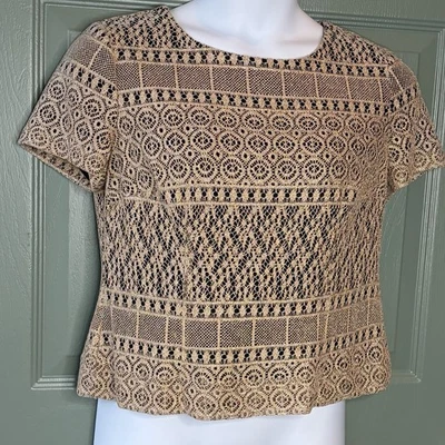 Vtg Halmode Petites Top Open Crochet Metallic Gold Lace Button Back Dressy 12 - Image 1 of 4