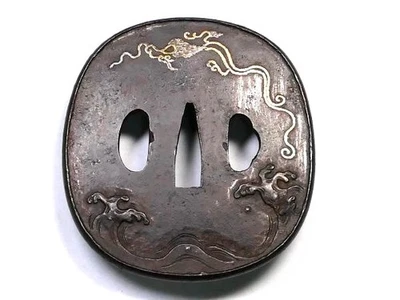 Edo period Japan antique tidal wave Dragon Higo school Tsuba Box sword katana  - Image 1 of 4