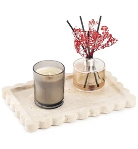 Travertine Tray Scalloped Edge Handmade Stone Catchall Storage Display - Picture 1 of 3