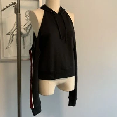 True Religion Cold Shoulder Hoodie Black Red Y2K Women’s Small Sweatshirt - Image 1 of 4
