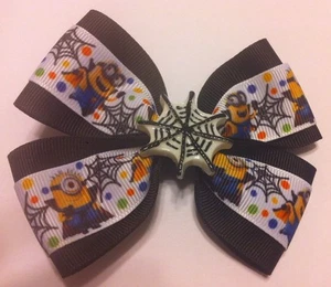 Girls Hair Bow 4" Wide Minions Halloween Black Ribbon French Barrette - Picture 1 of 3