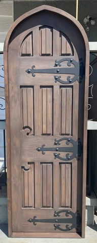 Rustic reclaimed lumber arched top door solid wood TUDOR wine cellar castle iron Cover