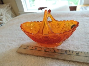 Fenton Glass Orange Amberina Daisy Button Split Twig Handle Oval Basket & Label - Picture 1 of 6