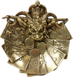 ANTIQUE BRONZE DEVIL SATYR GAMBLING POKER MASONIC ASHTRAY COIN DISH MASON - Picture 1 of 7