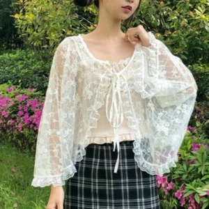 Mujeres Lolita Cárdigan Encaje Encogerse de hombros Bolero Volantes Capa Chaqueta Manga Acampanada - Imagen 1 de 7