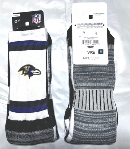 BALTIMORE RAVENS LOGO STRIPE MENS WHITE CREW SOCKS LARGE (10-13) FREE SHIPPING Cover