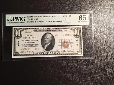 $10 1929 national bank note Easthampton Massachusetts PMG 65 gem unc. EPQ - Image 1 of 2