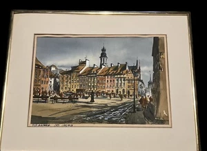 VTG Old Town Stare Miastro Poland Cityscape Watercolor Painting Signed Tarela - Picture 1 of 6