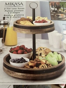 Mikasa 2 Tier Lazy Susan Mango Wood & Burnished Iron Band Frame Configure 3 Ways - Picture 1 of 13