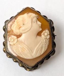 Sterling Silver Cameo Brooch Art Deco Carved Shell Pin Floral Design Vintage - Picture 1 of 8