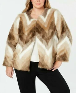 New Alfani Women's Plus Size 1X Light Brown Chevron Faux Fur Coat - Picture 1 of 2