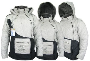 Quilted Hemp Cotton Line Side Zip Jackets Warm Puffer Vintage Jumper Coat Hoodie - Picture 1 of 6