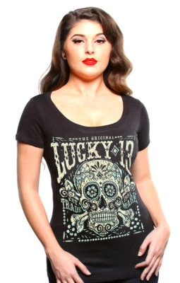 Camiseta Lucky 13 Madera Muerta Cuchara Negra Calavera de Azúcar Rockabilly Pinup Foto 1 de 2