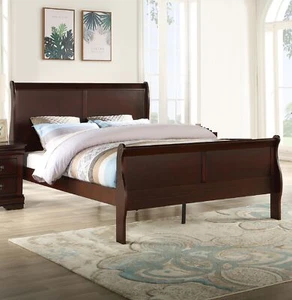 Louis Phillipe Brown Cherry Finish Queen Size Panel Sleigh Bed Solid Wood Wooden - Picture 1 of 6
