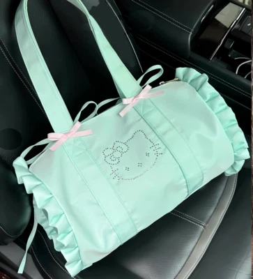 Hello Kitty атласной оборки бочонок сумка большой новом зеленый со стразами вещевой сумка с короткими ручками - Изображение 1 из 4