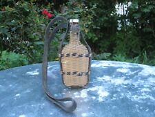 woven wicker flask demijohn bottle w/ceramic cap & leather strap French vintage