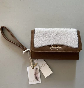 Jessica Simpson Vienna Trifold Wristlet Wallet Shearling Sherpa Almond Brown - Picture 1 of 9