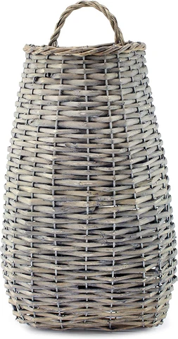 AuldHome Wall Hanging Pocket Basket; Woven Wicker Rustic Farmhouse Gray Washed L Cover