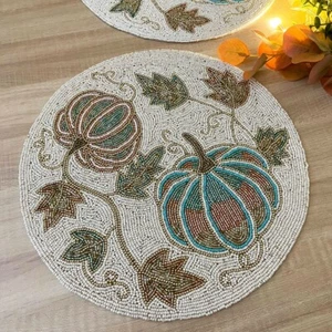 Set of 2, handmade beaded placemat, pumpkin harvest table mat, 14inch - Picture 1 of 5