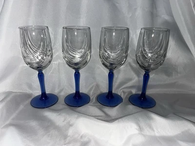 Lote de 4 copas de agua de vino azul cristal cortina óptica vástago azul de Libbey Foto 1 de 4