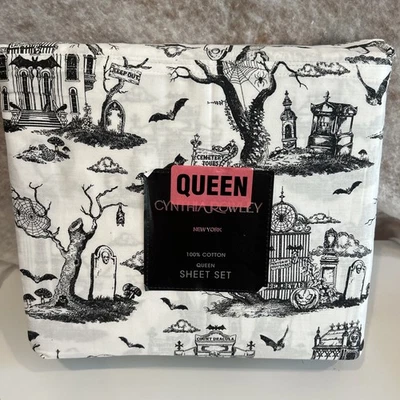 CYNTHIA ROWLEY новый Хэллоуин призрак туалет черный белый королева простыни комплект 4шт - Изображение 1 из 4